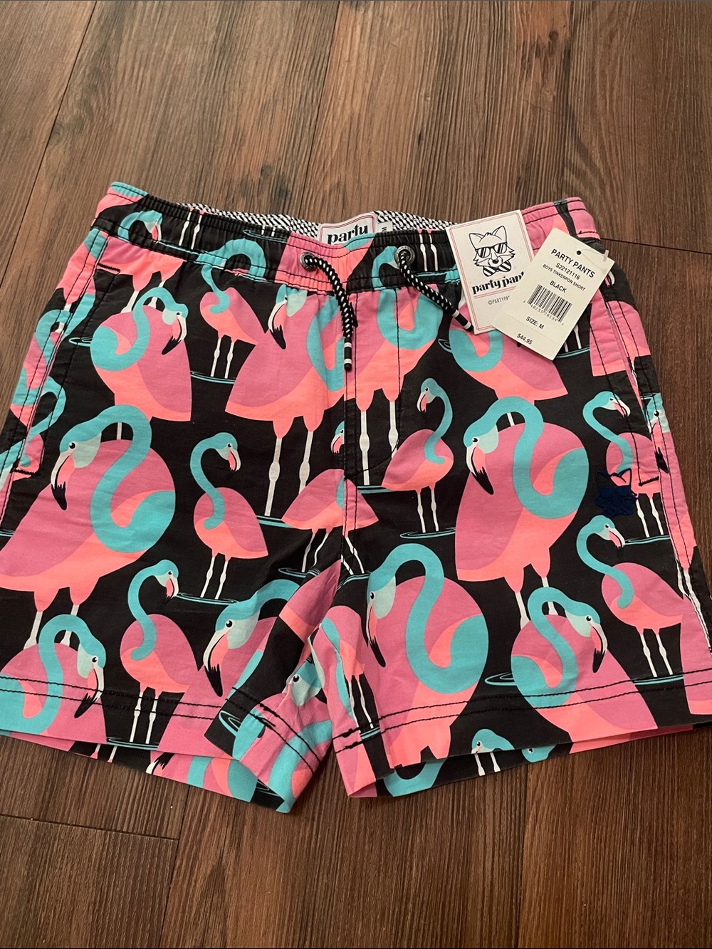 PARTY PANTS Black Boys Tinkerpon swim shorts with flamingos,Sz.M!NWT